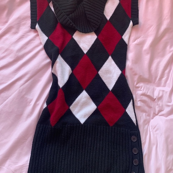 Majora Sweaters - Argyle Patterned Sweater Dress - Black, Red, and White